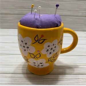 Handmade Upcycled Yellow Floral Mug with Purple Pin Cushion